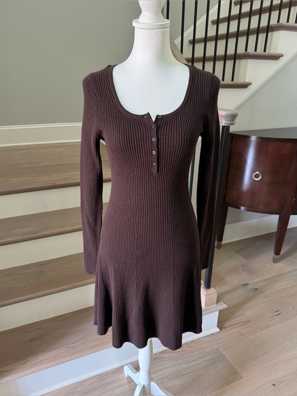 GAP Long Sleeve Ribbed Knit Brown Henley Sweater Dress